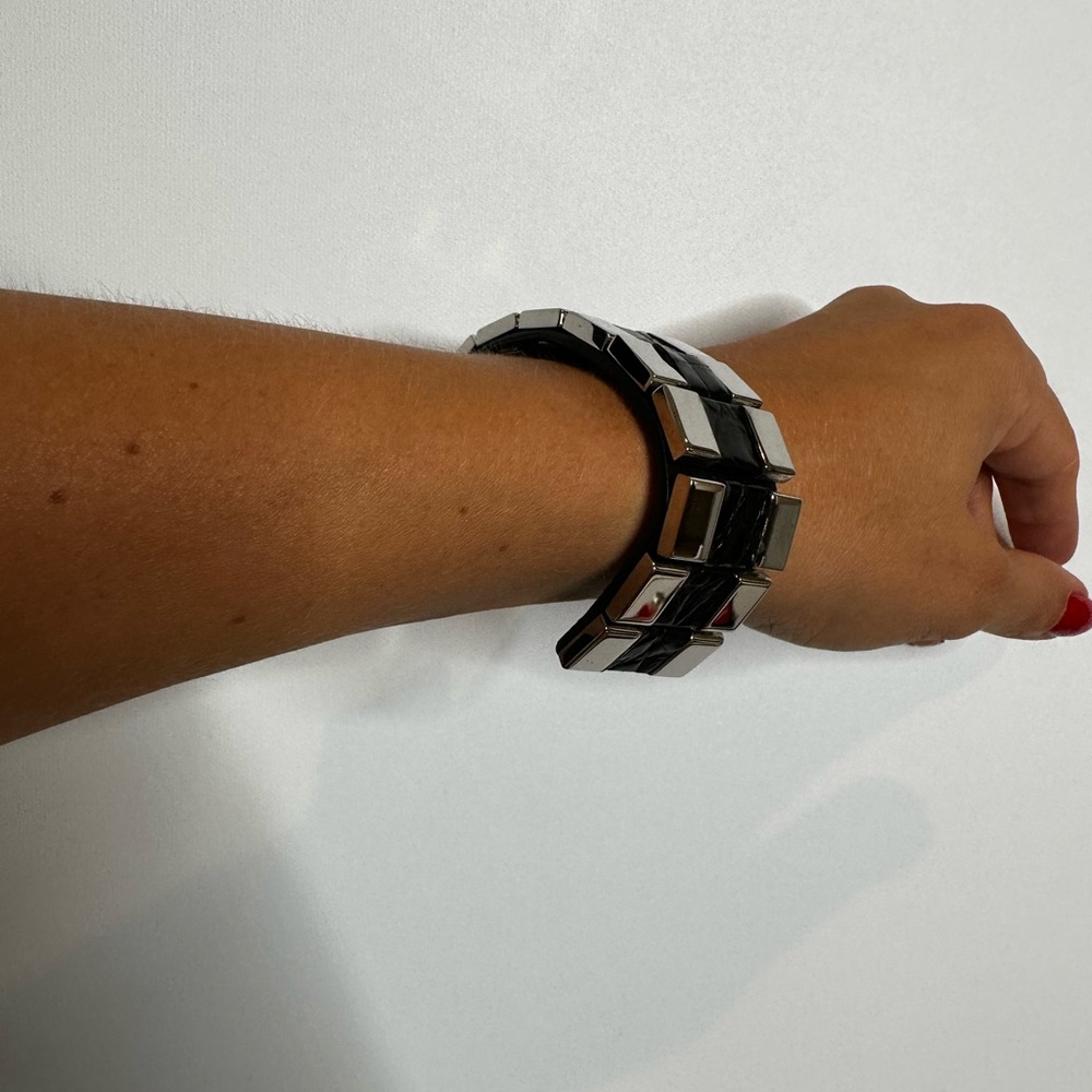 Saint Laurent crocodile leather bracelet silver metal expandable